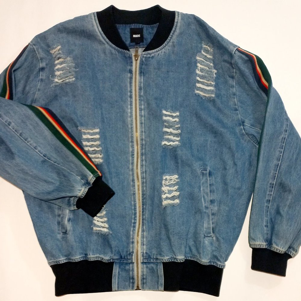 NUDE Denim Bomber Jeans Jacket Oversized Full Zip with Pockets Blue Unisex Sz S